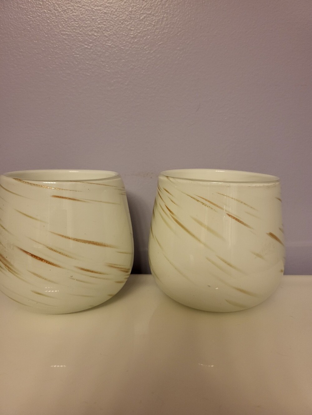 Set of 2 Murano Handblown White Glass Votive Holders with Gold Brushstrokes - Picture 1 of 13